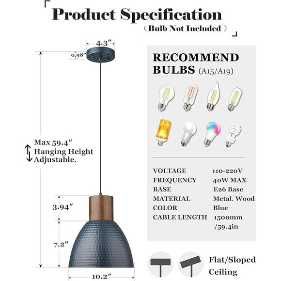 2 Pack New in the Box Elyona Adjustable Height Blue Hammered Pendant Light - Picture 3 of 8